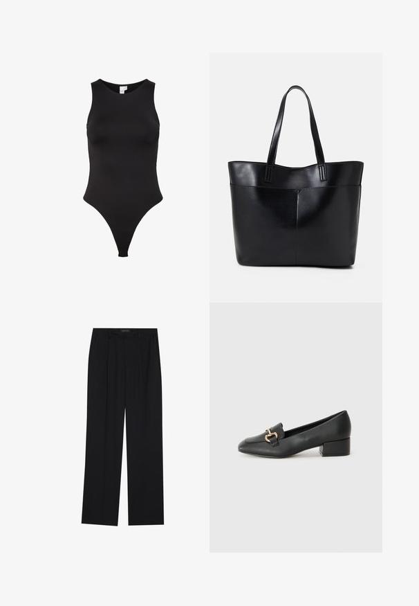 Musthave musta õlata bodysuit kõrge kaelusega, valmistatud siledast kangast. Omab nööriga lõiget, mis tagab minimaalse katvuse seljaosas.; Mustad püksid sirgjoonelise disainiga, millel on kaks esist taskut ja muudatus. Valmistatud siledast, kergekaalulisest kangast.; Mustad nahast loafers madala kontsaga, millel on esiküljel dekoratiivne kuldne detalj ja sile tekstuur.; Must mustaga musta nahast, millel on kaks pikka kanda, sile tekstuur ja struktureeritud kuju. Esipoolsel on lisakoti jaoks tasku.