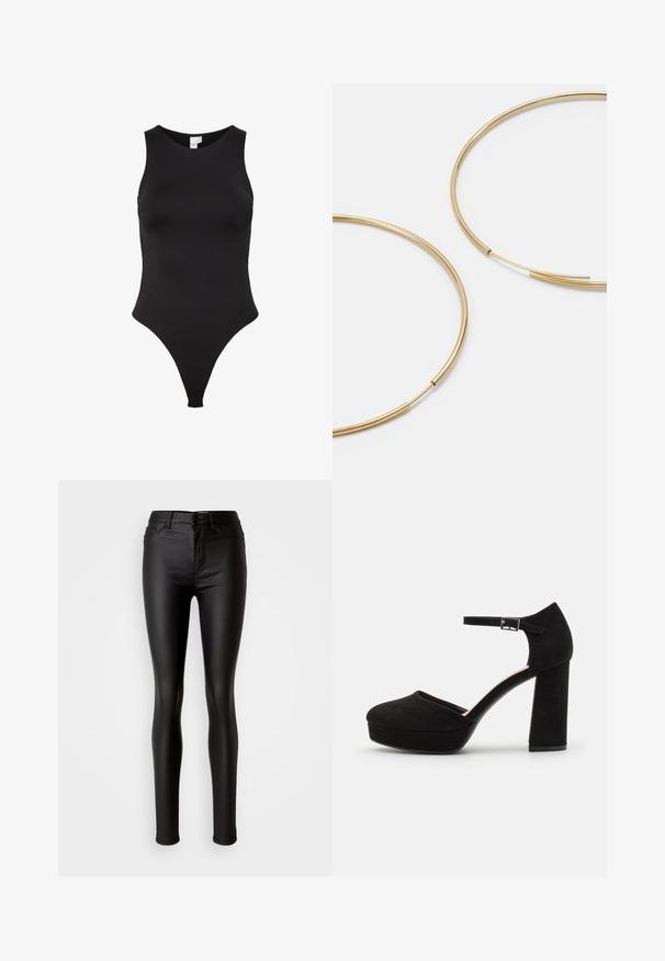 Schwarzer ärmelloser Bodysuit mit hohem Kragen, aus glattem Stoff gefertigt. Verfügt über einen Tanga-Schnitt für minimale Abdeckung am Rücken.; Schwarze, enganliegende Skinny Jeans aus Kunstleder mit glatter Textur, hoher Taille, Knopfverschluss und traditionellem Fünf-Taschen-Design.; Schwarze Wildleder-Plattformabsätze mit einem dicken Blockabsatz, runder Zehenpartie und einem Knöchelriemen, der mit einer Metallschnalle gesichert ist. Glatte Oberfläche über das gesamte Schuhwerk.; Goldfarbene Ohrringe in Form von dünnen, runden Kreolen, mit einer glatten, metallischen Oberfläche und ohne Verzierungen oder Muster.; Schwarze Leder-Geldbörse mit Klappverschluss, goldfarbener Hardware und Logo-Akzent. Inklusive abnehmbarem Trageriemen.