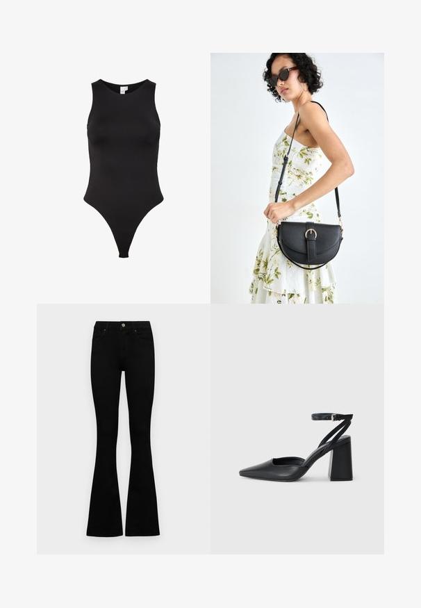 Bodysuit negru fără mâneci, cu guler înalt, realizat dintr-un material fin. Prezintă o tăietură tip thong pentru o acoperire minimă în spate.; Jeans negri cu talie înaltă, cu închidere prin nasture și fermoar, buzunare frontale și picioare evazate, așezați pe un fundal alb.; Pantofii cu toc ascuțit din piele neagră, cu breteaua pentru glezne și toc gros. Textură netedă, design elegant și estetică minimală.; Geantă din piele neagră, cu o formă curbată, curea detașabilă și accesorii aurii. Geanta are un capac cu un detaliu tip cataramă.; Cercei din argint cu un design elegant și rotund, având o suprafață netedă și fără embellismente vizibile. Diametrul nu este specificat.