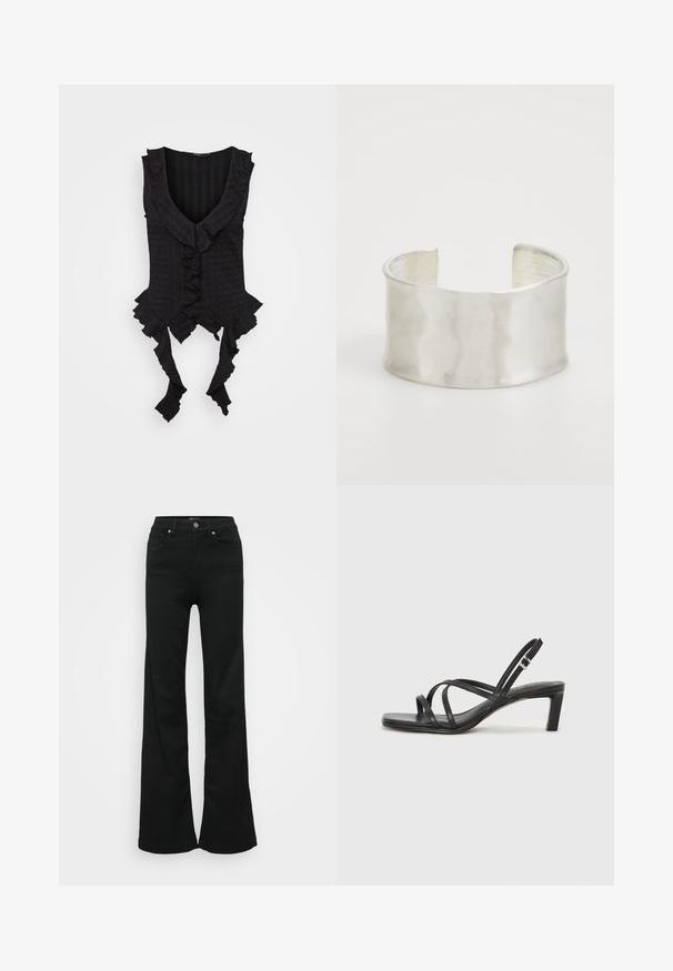 Top negru fără mâneci, cu decolteu adânc în V, având margini volanate și șnururi la tiv. Țesătură texturată cu un model subtil.; Jeans negri evazați din denim, cu talie înaltă, cinci buzunare și închidere cu nasture metalic. Textură netedă, cu detalii minime.; Sandal cu barete negre, cu vârf pătrat și toc mic de bloc. Prezintă mai multe barete subțiri și o bareta ajustabilă la gleznă. Fabricat din piele netedă.; Zign Brăţară - silver-coloured