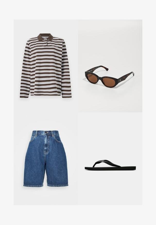 Samsøe Samsøe SADOVER - Majica z dolgimi rokavi - turkish coffee; Jeanšortsi z visokim pasom, v temno modri barvi. Imajo klasičen pet-pocket stil, ravno rez, in zavihan rob. Iz bombažnega materiala.; Črne gumijaste japonke s teksturirano thong naramnico in preprostim ravnim podplatom, prikazane s strani na enobarvni svetli podlagi.; Črne želvje sončne očala z rjavimi lečami, angularna zasnova ter široke ročke z diskretno logotipno podrobnostjo. Gladka plastična tekstura.