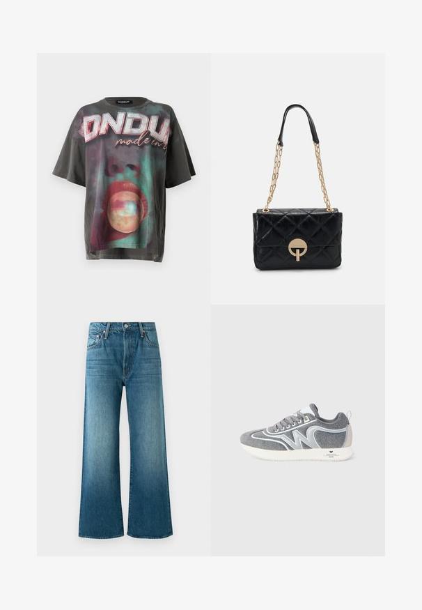 Liela izmēra melna kokvilnas T-kreklā ar krāsainu grafisko apdruku, kurā augšpusē ir vārds "ONDUP" un zem tā ir abstrakti raksti.; Zila denima platajām biksēm ar nodilušiem akcentiem, priekšējām kabatām, jostas cilpām un pogu aizdari.; Pelēki un balti zemi apavi ar auklēm, ar "W" dizainu sānos un balto zoli, uz papēža ir zīmols "Weekend Max Mara".; Melnā kvadrātveida ādas rokassomiņa ar zelta ķēdes plecu siksnu, kurai ir apaļais aizdare. Kompakta taisnstūra forma ar gludu tekstūru.