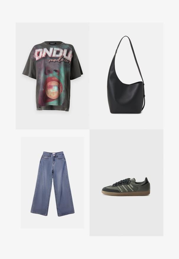 Overdimensioneret sort bomulds-T-shirt med et farverigt grafikprint, hvor ordet "ONDUP" er placeret øverst, og abstrakte designs nedenfor.; Bredde denim jeans i en lys blå vask, med høj talje, forlommer og knaplukning med bæltestropper.; adidas Originals SAMBA OG - Sneakers - core black/legend earth/gum; Sort læder hobo taske med en glat overflade, buet form og en enkelt justerbar rem; har en bred åbning øverst.
