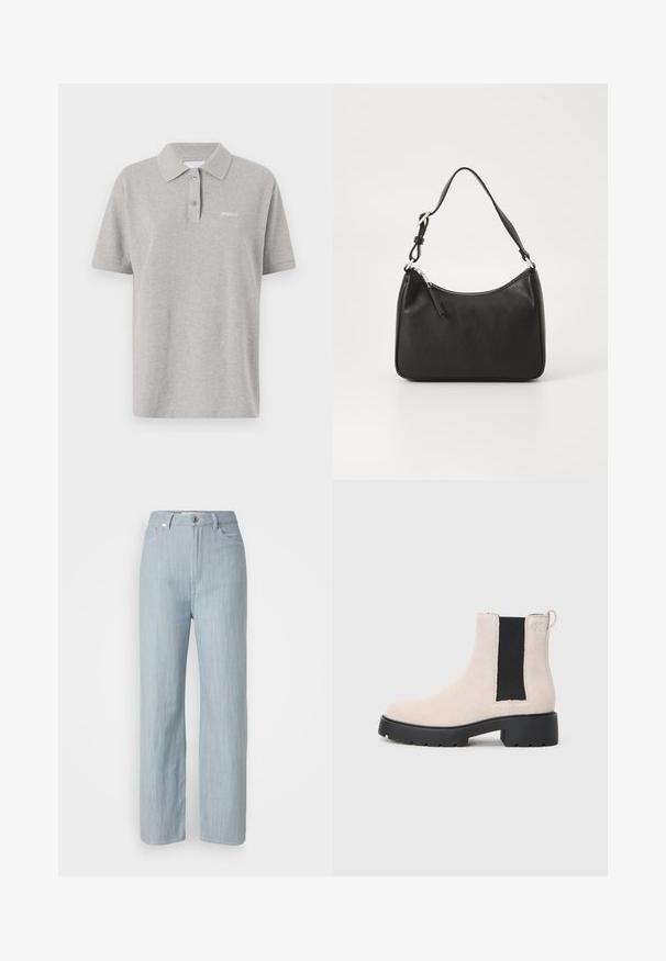 Grå bomullspolo med klassisk krage, kortermet og en liten hvit logo på venstre bryst. To knapper på placket.; Lys blå rett ben jeans laget av denim. Har fem lommer, en metallknapplukking og subtil slitasje for tekstur.; Beige semsket Chelsea-støvel med svart elastisk sidepanel, kraftig svart såle og trekkflik ved ankelen.; Svart lærveske med en buet form, en enkelt stropp, glidelåslukking og subtil merkevarebygging på forsiden. Glatt tekstur, minimalistisk design.