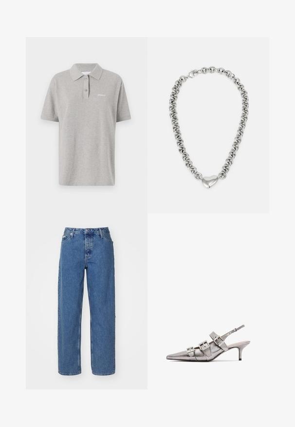 Pelēks kokvilnas polo krekls ar klasisku apkakli, īsām piedurknēm un mazām baltām emblēmām kreisajā krūtī. Divu pogu aizdare.; Gaiši zili džinsi ar augstu jostasvietu, taisnas kājas dizainu, piecu kabatu stilu un nedaudz izbalējušu tekstūru. Ar kniedēm un pogu aizdari.; Metāliski sudraba siksnāju papēži ar smailu purngalu, kas satur trīs platas siksniņas un kvadrātveida metāla sprādzes. Spīdīga tekstūra un tievs papēdis.; Sudraba ķēdes kaklarota ar savstarpēji savienotiem apaļiem gredzeniem un pulētu sirds formas akcentu centrā. Iekļauta droša aizdare.