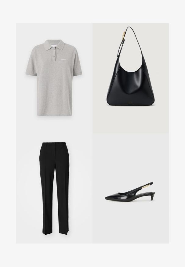 Pilkas medvilnės polo marškinėliai su klasikiniais apykakle, trumpomis rankovėmis ir mažuoju baltu logotipu kairėje krūtinės pusėje. Du mygtukų užsegimo elementai.; Juodi pritaikyti kelnių modeliai su tiesiomis kojomis, pasižyminčios lygiomis tekstūromis ir ryškiomis klostėmis priekyje. Nėra matomų detalių.; Juodas odinis pavasario batelių modelis su smailiu nosiu, turintis siaurą kulniuką ir auksinės spalvos akcentu reguliuojamoje juostoje. Lygi tekstūra.; Juodas odinis pečių krepšys su lygiu paviršiumi, kreiviu siluetu ir auksinės spalvos detalėmis. Pagrindinėje dalyje yra išgraviruotas prekės ženklo logo.