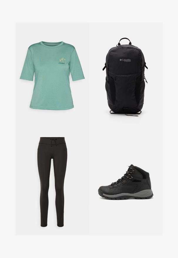 Zaļa īsām piedurknēm t-kreklu, izgatavots no mīkstas auduma. Iezīmēts ar apaļu kaklu un mazu dzeltenu palmu kokus izšuvumu kreisajā krūtī.; Melnas legingi ar augstu jostasvietu, pievilkšanas auklu, gludu tekstūru un pieguļošu dizainu. Iekļautas šuvju detaļas gar sāniem.; Melni pārgājienu zābaki ar vidēju augstumu, ar teksturētu augšdaļu, pelēkiem akcentiem un izturīgu gumijas zoli ar saķeres izvirzījumiem.; Melnā Columbia Titanium mugursoma ar gludu auduma faktūru, sānu kabatām, augšējo rokturi un regulējamiem siksnām. Minimālistisks dizains ar diskrētu zīmola identifikāciju.