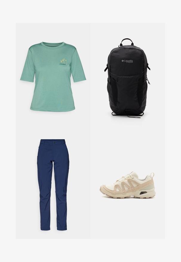 Zaļa īsām piedurknēm t-kreklu, izgatavots no mīkstas auduma. Iezīmēts ar apaļu kaklu un mazu dzeltenu palmu kokus izšuvumu kreisajā krūtī.; Jūras zilas bikses, izgatavotas no gludas auduma, ar klasisku piegriezumu, priekšējām kabatām un aizdari ar rāvējslēdzēju un pogu.; Beige un krēma sporta apavi ar strukturētu tīkla virsmu, atbalstošajiem slāņiem un gumijas zoli ar protektoru rakstu, kas nodrošina saķeri.; Melnā Columbia Titanium mugursoma ar gludu auduma faktūru, sānu kabatām, augšējo rokturi un regulējamiem siksnām. Minimālistisks dizains ar diskrētu zīmola identifikāciju.
