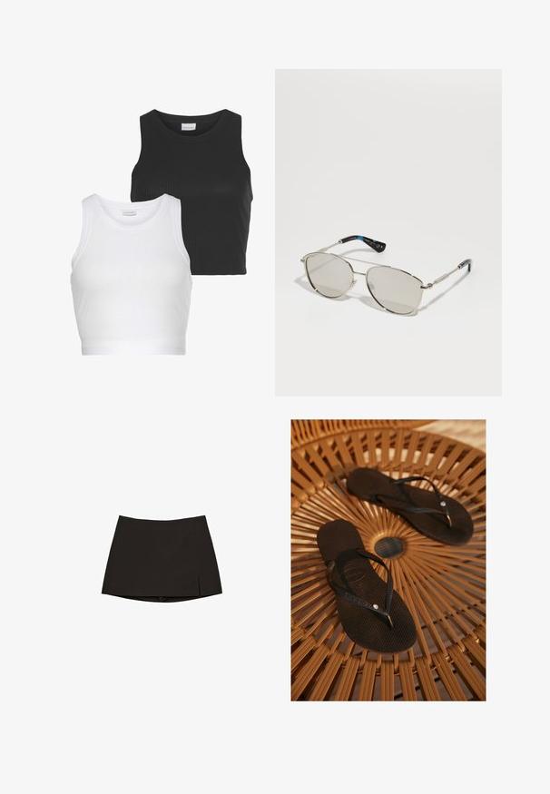 Dva rebrasta kratka topa v črni in beli barvi, ki imata okrogli izrez in brezrokavno zasnovo. Vsak ima prilegajoč silhueto in mehak material.; Črna mini krila s ravnim krojem in rahlo stransko odprtino. Narejena iz gladkega materiala, ima čist rob in minimalističen dizajn.; Črne japonke z teksturiranimi podplati in tankimi naramnicami, ki na stičišču nosijo majhen dekorativen kamen, položene na okroglo, tkano površino.; Sončna očala z metalnim okvirjem in subtilnim srebrnim zaključkom. Ovalni leči v svetlo sivi barvi, ki imata tanke ročke z modrim in črnim vzorcem na konicah.