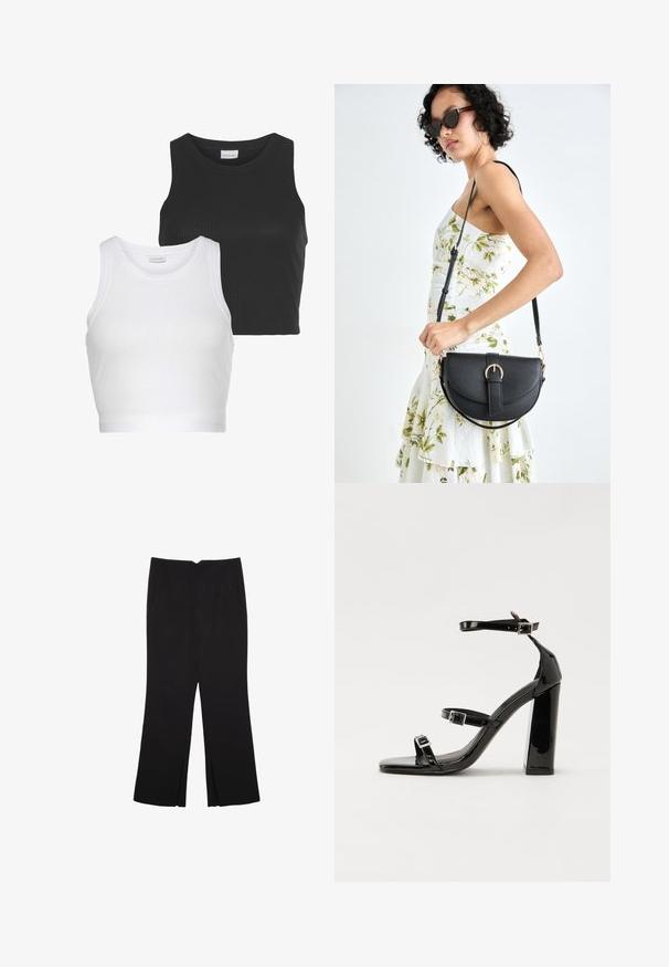 Due top a coste, uno nero e uno bianco, con scollatura rotonda e senza maniche. Ognuno presenta una silhouette aderente e una texture morbida.; Pantaloni neri a gamba dritta, con tasche frontali e spacchi laterali all'orlo. Realizzati in tessuto morbido e liscio. Adatti a diverse occasioni.; Sandali con tacco in vernice nera, con punta squadrata, cinturini alla caviglia e fibbie in argento. Presentano un tacco a blocco spesso per maggiore stabilità.; Borsa a tracolla nera in pelle con una forma curva, manico rimovibile e accessori dorati. La borsa presenta una patta con un dettaglio a fibbia.; Orecchini a cerchio in argento con un design rotondo e liscio e una finitura lucida. Sono sottili e leggeri, con una semplice chiusura a scatto.