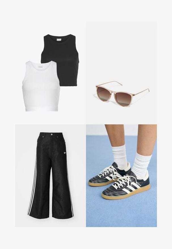 Dva rebrasta kratka topa u crnoj i bijeloj boji, s okruglim izrezom i bez rukava. Svaki od njih ima pripijen siluetu i mekani osjećaj.; Crne široke traper hlače s tri bijele pruge sa svake strane i malim bijelim logom. Ima prednje džepove i preklop s gumbom.; Crne kožne atletike s bijelim trakama, okruglim prstima, bijelim vezicama i gumeni potplat. Naglašene jastučićem oko gležnja i detaljima s brandingom.; Smeđe gradient sunčane naočale s prozirnim ružičastim okvirom, kvadratnog oblika i tankim metalnim ručkama. Imaju zaobljene ivice i minimalne detalje.