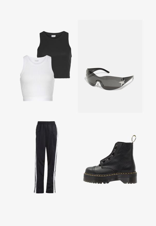 Dwa prążkowane topy w kolorach czarnym i białym, z okrągłym dekoltem i bez rękawów. Każdy z nich ma dopasowany krój i miękką fakturę.; Czarne spodnie dresowe z białymi paskami po bokach, elastycznym paskiem w talii i naszywką z logo. Wykonane z gładkiego, lekkiego materiału. Prosta nogawka.; Czarne skórzane botki za kostkę o fakturowanej powierzchni, okrągłym nosku, sznurowanym designie, żółtych szwach i grubej, żłobionej czarnej podeszwie.; Czarne okulary przeciwsłoneczne o owocowym kształcie, ciemne soczewki, błyszczące akcenty w kształcie gwiazdy i regulowane noski.; Even&Odd - Torebka