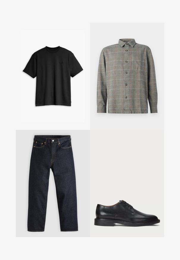 Fekete pamut póló kerek nyakkal és rövid ujjakkal. Diszkrét elülső logóval és egyenes szegéllyel rendelkezik. Egyszerű és minimalista dizájn.; Beige és fekete kockás minta, hosszú ujjú, gombos ing, gallérral és elülső mellzsebbel sima háttér előtt.; Sötétkék farmernadrág egyenes szabással, öt zsebbel, kontrasztos narancssárga varrással és gombos záródással. Nem látható rajta mintázat vagy díszítés.; Fekete bőrből készült dresszcipő kerek orral, fűzős kialakítással és alacsony, rétegelt sarkával. Simás felület minimális varrási részletekkel.