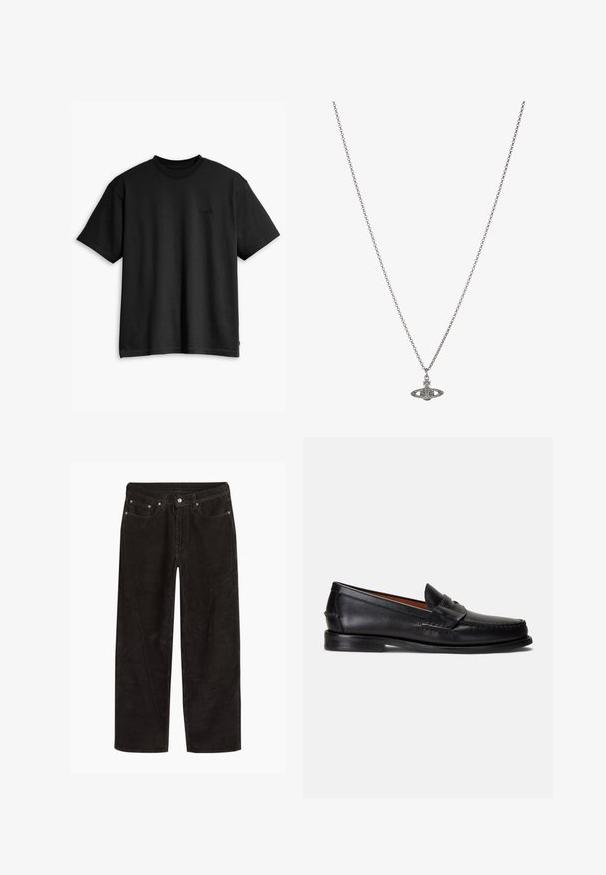 T-shirt nera in cotone con collo rotondo e maniche corte. Presenta un logo frontale sottile e un orlo dritto. Design semplice e minimalista.; Pantaloni in corduroy neri con gambe dritte, chiusura con bottone e zip, e design a cinque tasche.; Mocassini in pelle nera con finitura liscia, punta arrotondata e fascia decorativa sulla tomaia. Caratterizzati da una suola nera bassa.; Collana in argento con un pendente dettagliato a forma di pianeta, adornato con piccole decorazioni e motivi intricati.