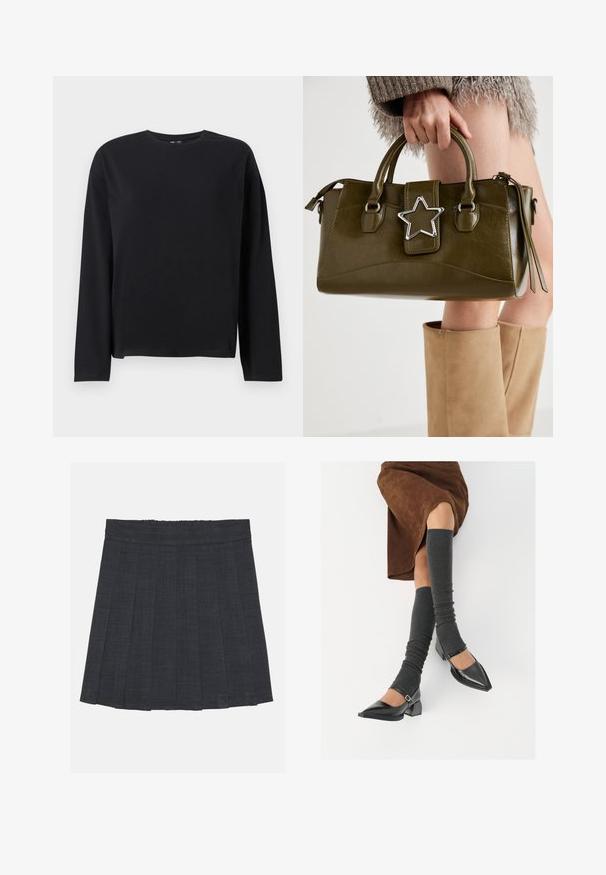 Černé tričko s dlouhým rukávem vyrobené z měkké tkaniny, s kulatým výstřihem, volným střihem a rovnými lemy s minimálními švy.; Tmavě šedá plisovaná sukně s elastickým pasem, vyrobená z texturované látky a s klasickým A-čkovým střihem. Vhodná pro každodenní nošení.; Černé lakované boty s špičatou špičkou, blokovým podpatkem a kotníkovým páskem, spárované s šedými žebrovanými návleky na nohy a hnědskou sukní z semiše.; Olivově zelená kabelka z imitace kůže se stříbrnou hvězdou, dvojitými rukojeťmi a zipovým uzávěrem. Texturovaný povrch a strukturovaný tvar.
