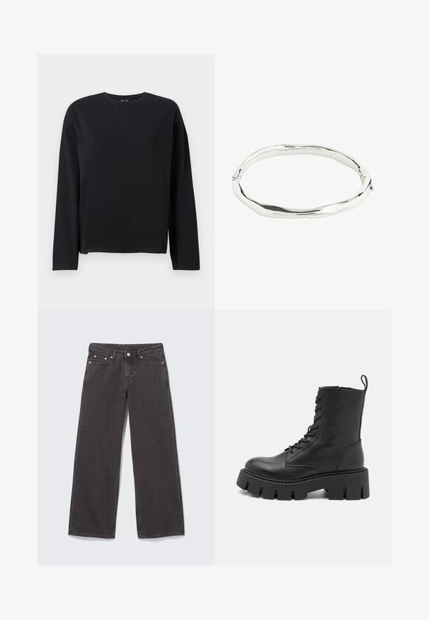 Must musta särg, millel on pikad varrukad, pehmest kangast, ümara kaelusega, lõdva lõikega ja sirge hemiga, millel on minimaalsed õmblused.; Laiade säärega mustad teksad vasksete haakidega, viie tasku ja nööpide sulgemisega. Pehme, tugev tekstuur, sirge lõige vööst ääreni.; Musta nahkne pahkluu salliga saabas, millel on nöörimise eesmine osa, paks platvormi tald ja silmus kinnitamiseks; sile tekstuur ja peene bränding kontsapooles.; Hõbedane metallist käevõru lainelise, ebaühtlase kujundusega. Sile pind poleeritud viimistlusega, mis peegeldab valgust. Ümmargune kuju, millel ei ole silmatorkavaid aktsente.