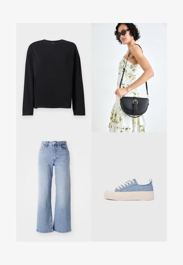 Mustassa pitkähihhaisessa t-paidassa on pehmeä kangas, pyöreä kaula-aukko, rento malli ja suora helma, jossa on vähäiset ompeluyksityiskohdat.; Vaaleansiniset korkeavyötäröiset leveälahkeiset farkut, joissa on etu- ja takataskut, nappikiinnitys ja hillitty haalistuminen reisissä ja helmassa.; Vaaleansiniset kangaskengät, joissa on kerma värinen kuminen varvaskuppi ja pohja, valkoiset nauhat ja vetotappi kantapäässä.; Musta nahkainen käsilaukku, joka on kaareva muotoilultaan, irrotettavalla hihnalla ja kultaisilla yksityiskohdilla. Laukussa on läppä, jossa on solk yksityiskohta.