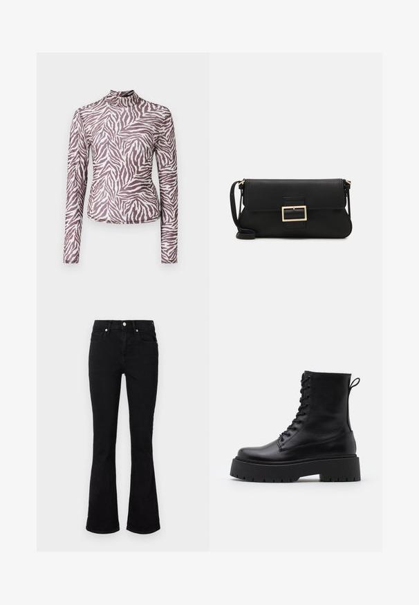 Dugih rukava majica od poluprozirnog materijala, s uzorkom smeđih i bijelih pruga zebre, visoki ovratnik i uski kroj.; Crne traperice s peglanom nogavicom, izrađene od denima, s srednjim strukom, prednjim džepovima i zatvaranjem na gumb. Smanjeni detalji šavova i glatka tekstura.; Crne kožne gležnjače s okruglim vrhom, vezanjem sprijeda i debelim gumenim potplatom s teksturiranim uzorkom. Tipa: traka za vuču na stražnjoj strani.; Crna kožna clutch torbica s preklopom i zlatnim metalnim detaljem kopče. Uključuje crnu trakicu i elegantan, minimalistički dizajn.; Srebrne okrugle naušnice s minimalističkim dizajnom. Kružni oblik, glatka tekstura i tanak profil. Lagane s poliranim završetkom.