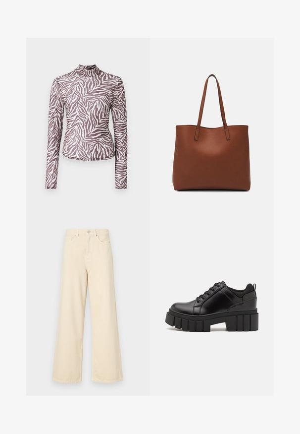 Ilgomis rankovėmis viršus iš pusiau permatomos medžiagos, su rudos ir baltos zebro dryžių raštu, aukštu kaklu ir siauru siluetu.; Bežinės plačios kojos džinsai, pagaminti iš medvilnės. Turintys sagos uždarymą, diržo kilpas ir priekinės kišenes su lygia, švelnia tekstūra.; Juodi odiniai platformos batai su masyviu blokuota kulniuku, apvalia nosimi ir tradiciniu šnypštimo dizainu. Turintys glotnų paviršių ir minimalų dekoravimą.; Ruda odinė priekabų krepšys su glotnia tekstūra, atviru viršumi ir dviem petnešomis. Su minimalia siuvimo detalėmis ir nematoma aparatūra.