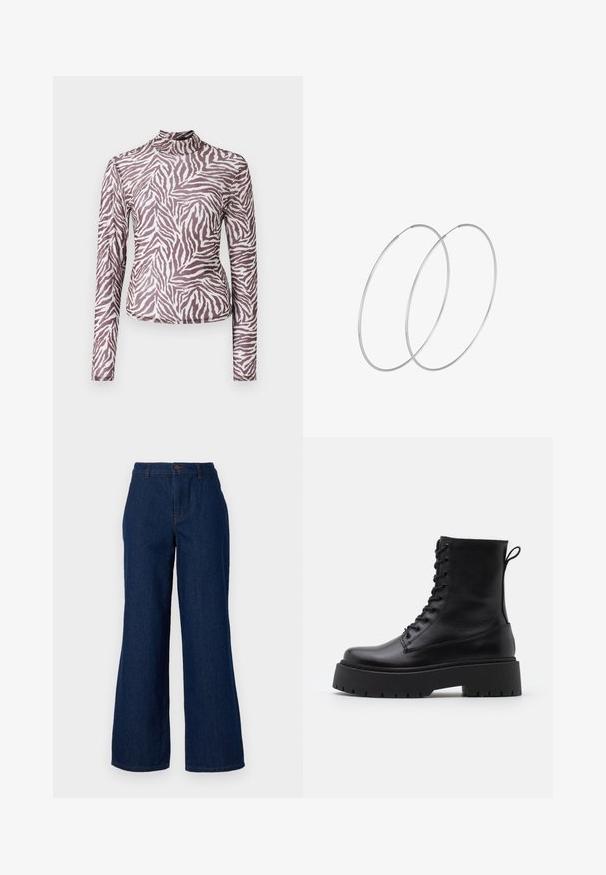 Top de manga larga en tejido semitransparente, con un patrón de rayas de cebra en marrón y blanco, con un cuello alto y diseño ajustado.; Pantalones de mezclilla de pierna ancha en azul marino oscuro con una cintura alta, cierre frontal con botones y detalles de costura sutiles. Textura suave y sin patrones.; Botas de cuero negras hasta el tobillo con punta redonda, cordones en la parte delantera y una suela de goma gruesa con un dibujo texturizado. Tirador en la parte trasera.; Pendientes de aro plateados con un diseño minimalista. Forma circular, textura suave y perfil delgado. Livianos con un acabado pulido.