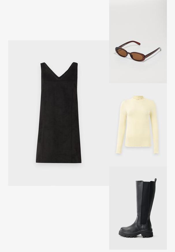 Hosszú ujjú, bordázott felső puha pasztell sárga színben, magas fodros gallérral és cakkos szegéllyel; rugalmas anyagból készült a kényelem érdekében.; Fekete, ujjatlan ruha V-nyakkal, puha anyagból készült, egyenes szabású, minimalista részletekkel. Sima textúra.; Fekete, térdig érő csizmák, sima bőr felsőrésszel és kontrasztos elasztikus oldalsó panelekkel. Vastag gumitalp, kiemelkedő mintázattal.; Kerek, barna árnyalatú napszemüveg fényes burgundi kerettel. Karcsú karok diszkrét márkázással. Lapos lencse kialakítás.; Szövetelt bordó bőr kézi táska, kerekded formával, vastag fogantyúval és cipzáras nyitással. Simaságot és összefonódott mintázatot mutat.