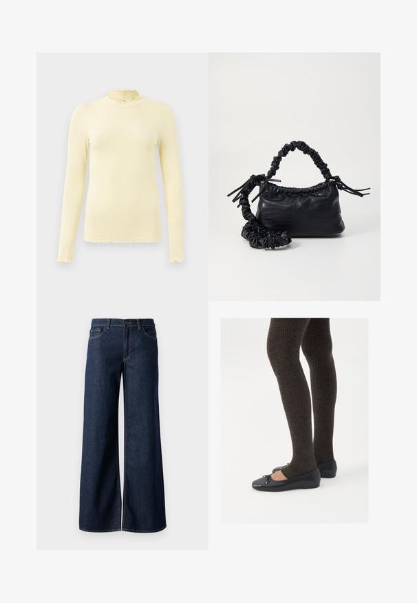 Haut à manches longues, côtelé, dans une douce teinte pastel jaune, avec un col froncé haut et un ourlet festonné ; fabriqué à partir d'un tissu extensible pour plus de confort.; Jean large en denim bleu foncé. Présente des coutures contrastées, cinq poches et une fermeture par bouton à la taille. Texture lisse.; Chaussures plates noires avec un petit nœud au niveau des orteils, associées à des collants côtelés marron foncé. Les chaussures ont une texture lisse et un profil bas.; Sac à main en simili cuir noir avec une texture crocodile, un dessus resserré et une sangle froncée. A l'apparence douce et compacte.