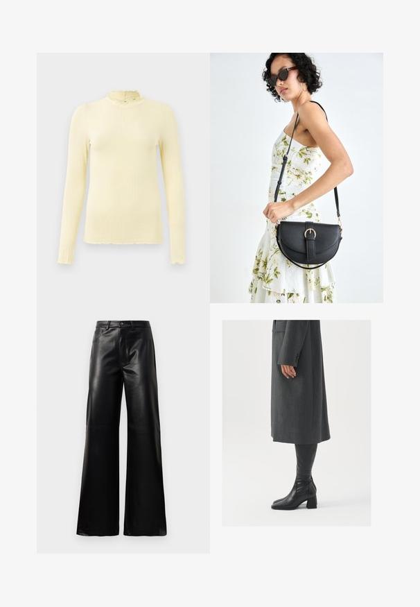 Langermet, ribbestrikket topp i myk pastellgul med høy volangkrage og bølget kant; laget av elastisk stoff for komfort.; Sorte høy midje vide ben bukser i imitert skinn med knapp foran, glidelås, beltehemper og sidelommer på hvit bakgrunn.; Grå, skreddersydd frakk med rett snitt; kombinert med knehøye svarte lærstøvler med firkantet tå og kraftig hæl.; Svart lærveske med en buet form, avtagbar stropp og gullbeslag. Vesken har et klaff med spenne-detall.