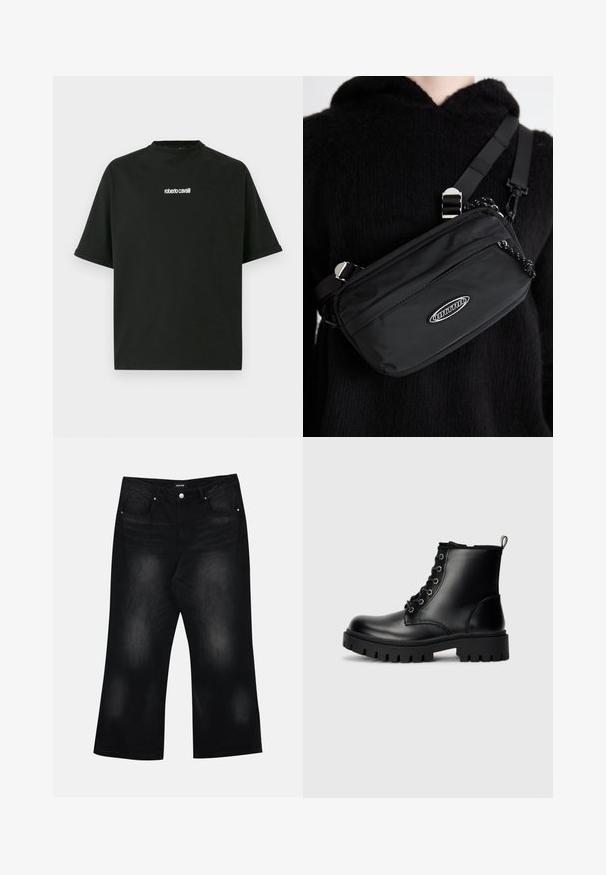 Čierne oversize tričko s krátkym rukávom a bielym logom "roberto cavalli" umiestneným na strede hrudníka, okrúhlym výstrihom a rolovanými okrajmi rukávov.; Čierne široké džínsy vyrobené z denimu, so zlato-bielymi prednými vreckami, jemným vyblednutím a zapínaním na gombík v páse.; Čierne kožené členkové topánky s okrúhlym špičkou, šnurovacími dizajnom a robustnou, hrubou podrážkou. Obsahujú pútko na päte a strieborné kovové doplnky.; Čierna nylonová crossbody taška s nastaviteľným popruhom, s hladkou textúrou, predným zipsovým vreckom a akcentom loga.