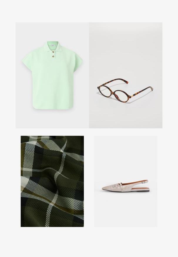 Világoszöld, rövid ujjú pólóing, három gombos nyakkal és puha tapintással. Klasszikus gallérral és kényelmes szabással rendelkezik.; Szövött kockás anyag, amely sötétzöld, fekete és fehér színekből áll. A textúra sima, puha, mintás felülettel rendelkezik.; Világos bézs szandál, hegyes orral, puha velúr textúrájú, két dekoratív csatos díszítéssel és alacsony, lapos sarokkal.; Tarka mintás szemüveg, ovális kerettel, tiszta lencsékkel és arany kiegészítőkkel. Ívelt szárakkal és sima, fényes felülettel rendelkezik.; COACH BROOKLYN SHOULDER BAG 23 - Kézitáska - maple