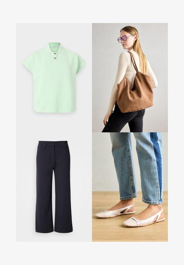Hele roheline lühikeste varrukatega polo särk, millel on kolmesuunalise nööbirea ja pehme tekstuur. Omab klassikalist kraed ja lõdva istuvust.; Laiad püksid tumedast mereväe kangast. Omavad lamedat esit, vöökohasid ja külgtaskuid. Materjal on sile ja veidi veniv.; Kahvatu roosa slingback lapikute jalatsite paar, millel on terav varvas, valmistatud siledast nahataolisest materjalist. Omab külgedel lõikekohti ja lapikut kontsa.; Pruunist suedi kott pehme tekstuuriga, suure ava ja pikkade rihmadega. Omab lihtsat disaini nähtava õmblusega ja ilma metalldetailideta.