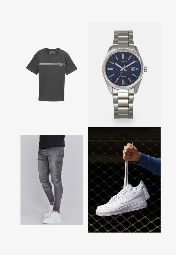 Grå bomulds T-shirt med korte ærmer, rund hals, med vandrette striber i blå, hvid og grøn over brystet, logo trykt.; Slank jeans i falmet grå denim med slidte detaljer ved knæene, parret med hvide sneakers. Glat tekstur, slim fit design.; Hvide lædersneakers med perforeringer, rund tå, flad sål og tykke snørebånd, med et synligt swoosh-logo og "AIR" på hælen.; Sølv rustfrit stål urrem med en marineblå urskive, metallic timemarkører og et datovindue kl. 3. Vandafvisende op til 50 meter.
