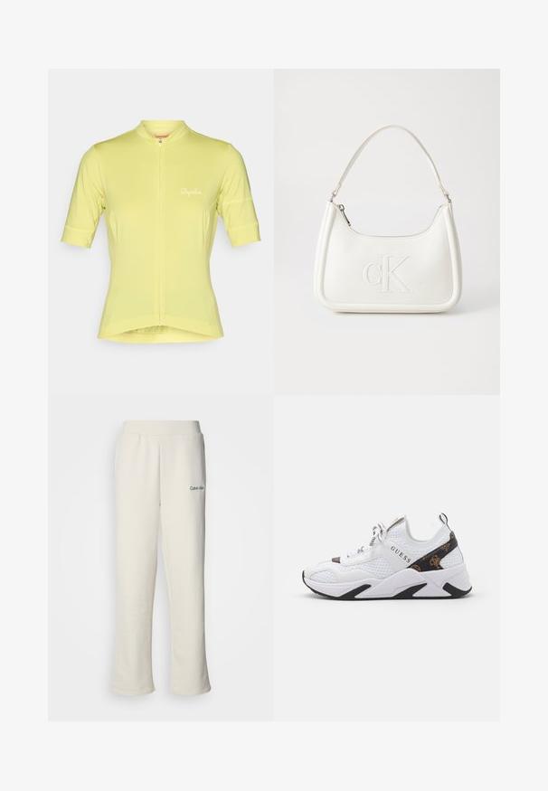 Kortermet sykkeltrøye i lys gul, med delvis frontglidelås og reflekterende "Rapha"-logo på brystet. Glatt, elastisk stoff.; Calvin Klein kremfargede joggebukser med løs passform, elastisk livlinje og liten grønn logo på venstre side. Myk, glatt tekstur.; Hvite sneakers laget av mesh og syntetiske materialer, med svarte og brune detaljer, teksturerte sider og en fremtredende logo. Gummisåle.; Hvit lærveske med en buet fasong, med et preget "CK"-logo på forsiden og en enkel skulderstropp. Glidelåslukking på toppen.