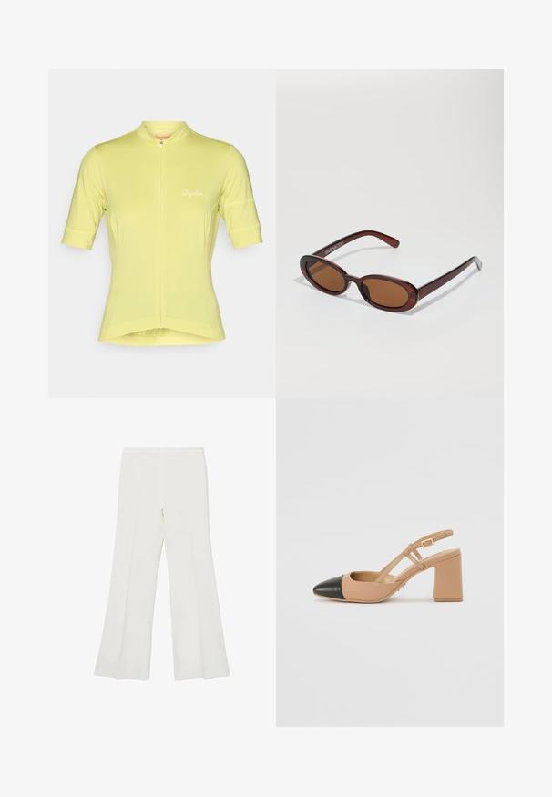 Maillot de cyclisme à manches courtes en jaune clair, doté d'un zip partiel à l'avant et d'un logo "Rapha" réfléchissant sur la poitrine. Tissu lisse et extensible.; Pantalons évasés blancs présentant une texture lisse et des lignes épurées, avec une taille mi-haute et sans matériel ni motifs visibles.; Chaussure slingback beige avec un bout noir, un talon carré haut et deux accents de sangle, fabriquée en matière lisse.; Lunettes de soleil rondes teinte brun avec une monture bordeaux brillante. Branches fines avec un détail de marque subtil. Design de verres plats.; Sac à main en cuir marron avec deux poignées robustes, de forme rectangulaire, texture lisse et fermeture zippée. Design minimaliste sans motifs visibles.; Bagues en résine claire et ambre, l'une lisse et transparente, l'autre avec une finition texturée en ambre. Les deux présentent des designs arrondis et épais.