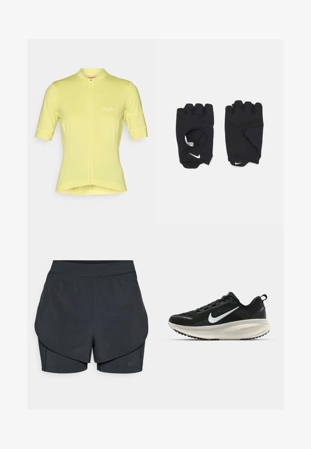Tricou de ciclism cu mânecă scurtă, de culoare galben deschis, cu un fermoar parțial în față și logo-ul reflectorizant "Rapha" pe piept. Material neted și elastic.; Șorturi sportive negre cu un design stratificat, având o strat exterior neted și șorturi interioare ajustate. Fabricate dintr-un material ușor și elastic.; Pantofii de alergare negri de la Nike, cu parte superioară din plasă respirabilă, logo-ul alb Swoosh, detalii texturate și o talpă intermediară ZoomX de culoare crem.; Mânuși negre fără degete, dintr-un material elastic, cu un design cu palmă deschisă, accente pentru prindere și logo-ul Nike în alb.