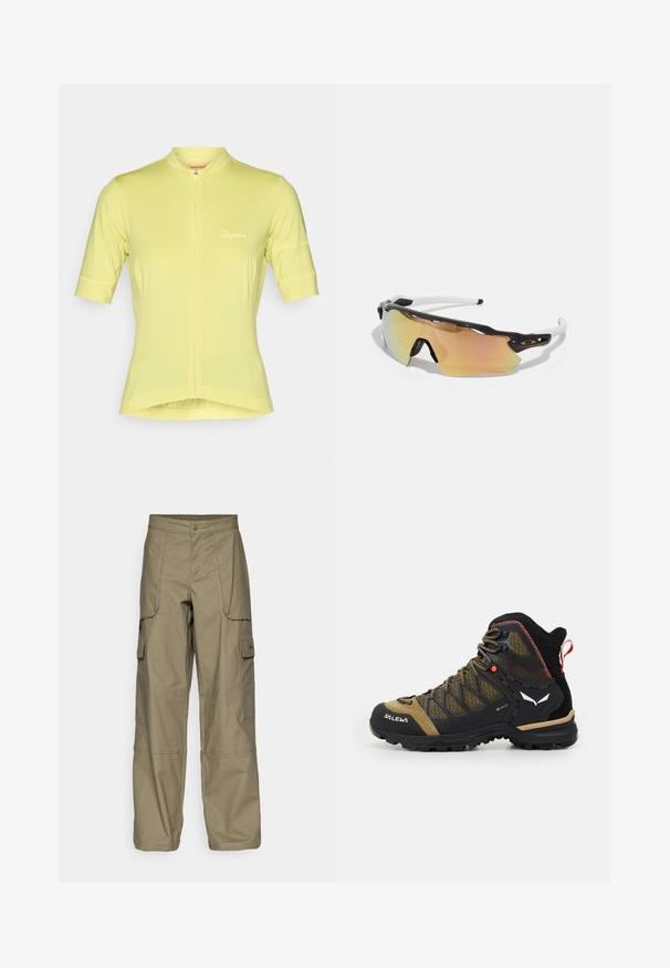 Kortärmad cykeltröja i ljusgul, med en partiell dragkedja framtill och reflekterande "Rapha"-logga på bröstet. Slät, elastisk tyg.; Cargo byxor i olivgrön tyg, med en lös passform, flera sidofickor och en knappstängning i midjan. Slät textur.; Mellanhöjd vandringssko i svart och olivgrön, med ovandel i lättviktigt nätmaterial, gummisula och texturerade detaljer samt en draglapp baktill.; Solglasögon med en svart och vit ram, stora spegelglas med gyllene och rosa nyanser, aerodynamisk design och en förlängd ytterkant.