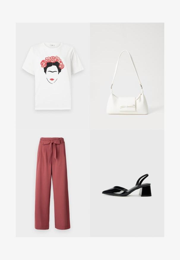 Hvid bomulds t-shirt med et grafisk design af et ansigt med sort hår og en blomsterkrans af røde roser, med røde læber og simpel linjekunst.; Bredde bukser i en støvet rosefarve, lavet af et blødt stof, med et bundet bælte i taljen og sidelommer.; Sorte patentlæder slingback hæle med spids tå og en geometrisk blok hæl. Har et elegant, minimalistisk design og en glat tekstur.; Hvid syntetisk håndtaske med en trekantet form, flad forsideklap og sløjfedetalje, justerbar strop, glat tekstur og minimalistisk design.