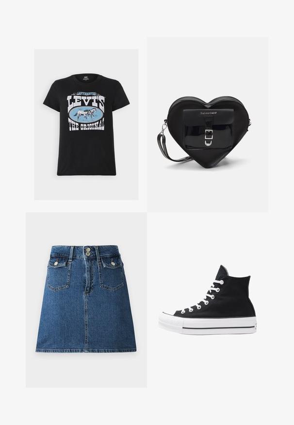 Levi's® THE PERFECT TEE - T-shirts med print - black; Denimskjørt i dyp blå, med en tilpasset midje, to frontlommer, to baklommer og lukkeringer i sølvfarge.; Høye svarte kanvas-sneakers med hvite øyler, snører og gummisåle. Har en teksturert tåhette og svarte og hvite striper som detaljer.; Sorte hjerteformet veske laget av patentlær med en frontlomme som har spenne-lukking og avtagbar stropp. Sølvfargede detaljer.