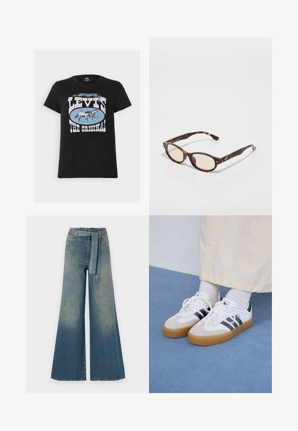 Levi's® THE PERFECT TEE - Marškinėliai su spaudiniu - black; Platus džinsinis kelnes su šviesiai tamsiai mėlynu gradientu, aukštu juosmeniu, diržo kilpomis ir atitinkančiu audinio diržu. Textūruotas džinsinis paviršius.; Baltos sportbačiai su noir juostomis ir šviesiai rudos zomšos akcentais. Yra tekstūruota gumos padas ir plokščiomis baltomis raištelėmis, dėvimi su šviesiai spalvotomis kojinėmis.; Žalios spalvos akinių rėmeliai su apvalia forma ir šviesiais objektyvais. Savybės: tvirtos šakės su mažomis auksinėmis detalėmis, pagamintos iš plastiko.