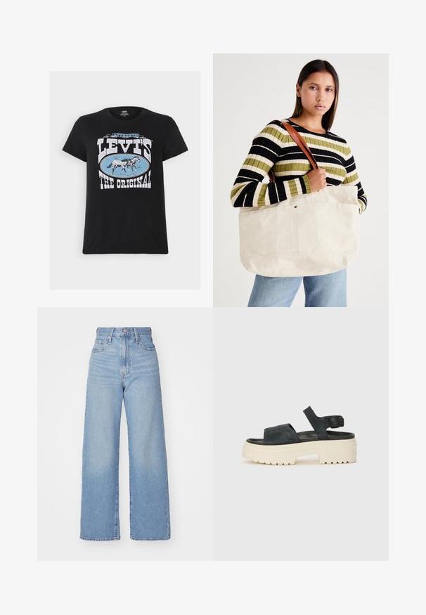 Levi's® THE PERFECT TEE - T-shirt estampada - black; Jeans de cintura alta e perna larga em azul claro, com fecho frontal de botão e zíper, bolsos frontais e traseiros, sobre um fundo branco.; Sandálias de plataforma em camurça preta com uma sola branca e grossa, tiras frontais largas e fivela ajustável no tornozelo. Sola texturizada para melhor aderência.; Grande bolsa de lona bege com alças de couro castanho, apresentando um design minimalista e costuras visíveis como destaque.