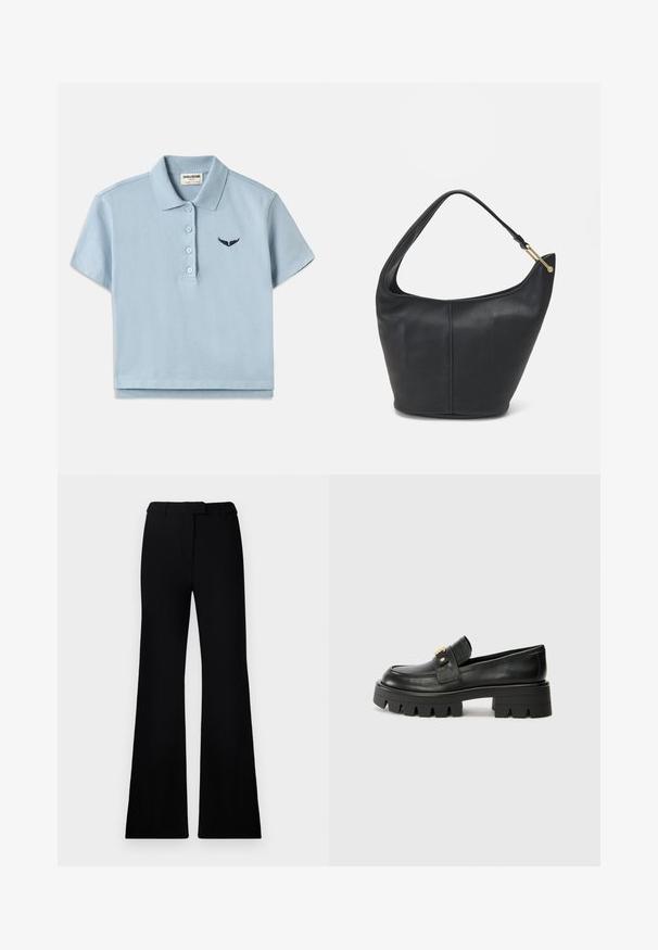 Lichtblauw katoenen polo-shirt met korte mouwen, drie-knopen sluiting en een klein marineblauw geborduurd logo op de borst. Verkorte pasvorm.; Zwarte uitlopende broek met een soepele textuur, een op maat gemaakte tailleband en voorzakken, ontworpen met een elegante, moderne silhoeët.; Zwarte leren instappers met een chunky zool, met een goudkleurige accent aan de voorkant en een gladde afwerking. Chunky profielontwerp op de zool.; Zwarte leren handtas met een ronde vorm, een brede schouderriem en een gestructureerde afwerking. Bevat subtiele naaddetails en een gouden hardwareaccent.