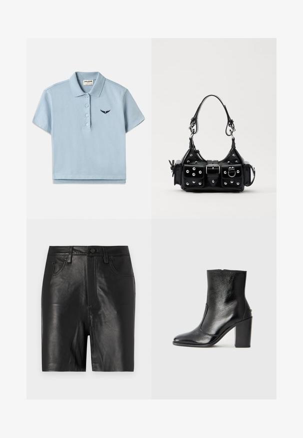 Svetlo modrá bavlnená polo košeľa s krátkymi rukávmi, troj-kráčkovým zapínaním a malou vyšitou námorníckou logom na hrudi. Zkrátený dizajn.; Čierne kožené šortky s hladkým povrchom, so zipsom vpredu, zapínaním na gombík a klasickým dizajnom s piatimi vreckami.; Čierna kožená kotníková obuv s hladkým povrchom, špicatou špičkou a masívnym vysokým podpätkom. Zdobená bočným otvorom a minimalistickým dizajnom.; Čierna kožená kabelka s zakriveným dizajnom, doplnená striebornými cvočkami, prackou a dvoma bočnými vreckami. Nastaviteľný popruh poskytuje rôzne možnosti nosenia.