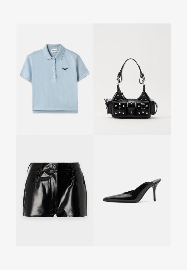 Camisa polo de algodão azul claro com mangas curtas, gola de três botões e um pequeno logótipo bordado em marinho no peito. Design cropped.; Calções pretos e brilhantes feitos de material sintético. Apresentam uma cintura justa, passantes para cinto e bolsos frontais com detalhes de costura proeminentes.; Mule de salto alto em couro envernizado preto com ponta fina e uma silhueta elegante, apresentando um calcanhar aberto e um salto stiletto esbelto.; Bolsa de couro preta com um design curvado, apresentando tachas prateadas, uma fivela e dois bolsos laterais. Alça ajustável para opções de transporte.