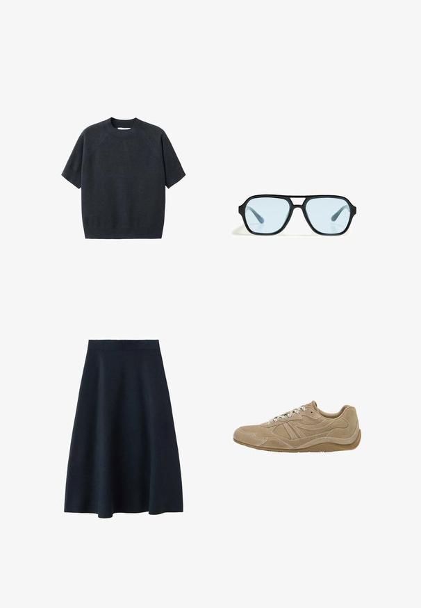 Donkergrijze korte mouwen gebreide trui met een ronde hals, met een losse pasvorm en raglanmouwen, gemaakt van een zachte, gestructureerde stof.; Een donkerblauwe midi-rok van soepel materiaal, met een nauwsluitende tailleband en een uitlopende vorm, zonder zichtbare patronen of versieringen.; Beige suède sneaker met een laag profiel, gestructureerd oppervlak en witte veters. Heeft een gebogen ontwerp en een rubberen zool voor grip.; Zwarte zonnebril met rechthoekige monturen, blauwgetinte lenzen en een onderscheidend brugontwerp. Strakke afwerking, ingetogen textuur.; Taupe leren handtas met textuur, bovenhandvat, verstelbare schouderband en decoratieve knoopdetail op een witte achtergrond.