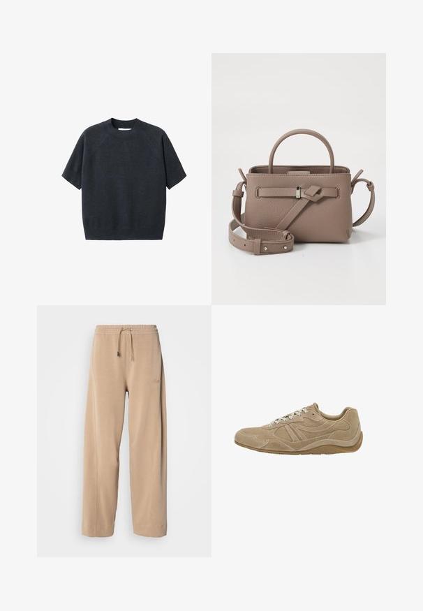 Tummanharmaa lyhythihainen neulepusero, jossa on pyöreä kaula-aukko, löysä istuvuus ja raglan-hihat, valmistettu pehmeästä, teksturoidusta kankaasta.; Harmaat, leveät housut pehmeästä kankaasta, joissa on joustava vyötärö ja naru. Sivussa on huomaamaton brändäys ja sivutaskut.; Beige mokkanahka sneaker, jossa on matala profiili, teksturoitu pinta ja valkoiset nauhat. Ominaisuuksiin kuuluu kaareva muotoilu ja kumipohja pidon takaamiseksi.; Harmaa teksturoitu nahkalaukku, jossa on yläkantokahva, säädettävä olkahihna ja koristeellinen solmukuvio puhtaalla valkoisella taustalla.
