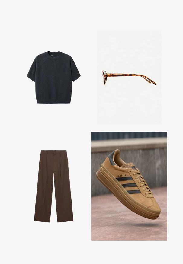 Pulover scurt, gri închis, cu mânecă scurtă și decolteu rotund, cu o croială lejeră și mâneci tip raglan, fabricat dintr-un material moale și texturat.; Pantaloni largi maro, confecționați dintr-un material neted, cu talie înaltă, plisaje frontale și două buzunare laterale.; Sneakers din suede de nuanță bej, cu o textură netedă, prezentând trei dungi întunecate, un vârf rotunjit și o talpă mai groasă cu un margine patterned.; Ochelari de soare cu ramă de țestoasă, cu un cadru gros, temple ușor curbate și textură netedă. Prezintă un design clasic, cu o finisare lucioasă.
