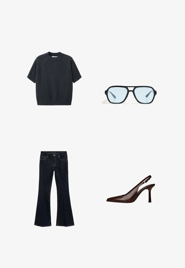 Dark gray short-sleeve knit sweater with a crew neck, featuring a loose fit and raglan sleeves, made from a soft, textured fabric.; Dark blue denim jeans with high waist, front pockets, and flared wide legs, displayed flat on a white background.; Brown leather slingback pump with a pointed toe and a thin heel. Features a small accent buckle on the strap and a glossy finish.; Black sunglasses with rectangular frames, blue-tinted lenses, and a distinctive bridge design. Sleek finish, understated texture.; Taupe textured leather handbag with top handle, adjustable shoulder strap, and decorative knot detail on a clean white background.