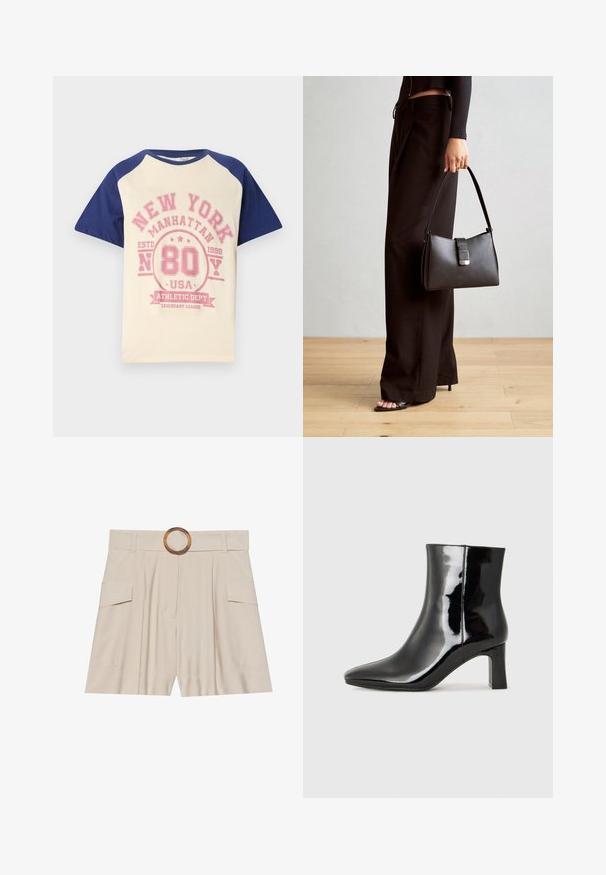 Cream-colored T-shirt with navy blue raglan sleeves. Features a pink graphic print reading "New York Manhattan 80 USA" and decorative elements.; Beige high-waisted shorts with a wide, flat waistband, wooden circular buckle, pleated front, and two side pockets. Smooth fabric texture.; Black patent leather ankle boot with a pointed toe and a mid-height block heel. Smooth texture and minimalist design.; Black handbag with structured shape, smooth texture, and a metallic clasp. Paired with wide black pants and open-toe sandals on wooden floor.