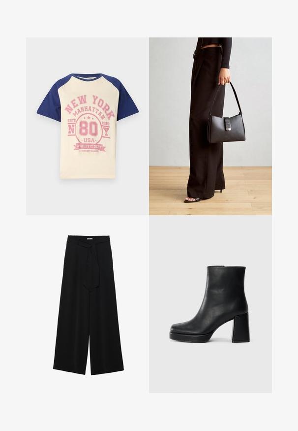 Krèmefarget T-skjorte med marineblå raglanermer. Har et rosa grafisk trykk med teksten "New York Manhattan 80 USA" og dekorative elementer.; Svart vide bukser med teksturert stoff, elastisk midje og avtagbart belte som gir justerbar passform.; Sorte skinnankelsko med blokkhæl og plattformsåle, sett fra siden på en enkel hvit bakgrunn.; Svart håndveske med strukturert form, jevn tekstur og metallisk lås. Kombinert med brede svarte bukser og sandaler med åpen tå på tregulv.