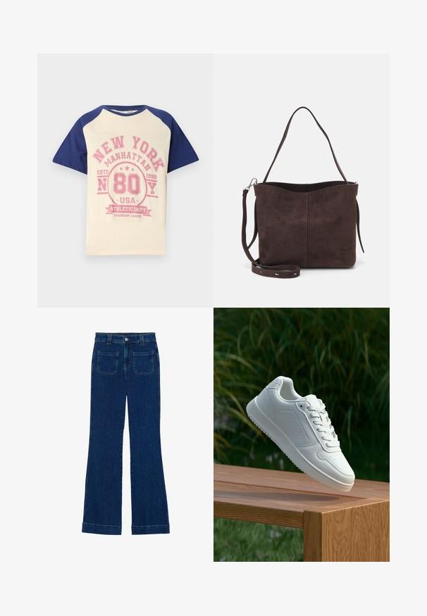 Kermanvärinen T-paita, jossa on tummansiniset raglan-hihat. Siinä on vaaleanpunainen grafiikkapainatus, jossa lukee "New York Manhattan 80 USA" sekä koriste-elementtejä.; Tummansiniset farkuista valmistetut leveälahkeiset housut, joissa on sileä pinta, viisi taskua ja napillinen kiinnitys vyötäröllä.; Valkoiset tennarit, joissa on sileä synteettinen päällinen, rei'itetty varvasosa, litteät nauhat ja teksturoitu pohja, esillä puupinnalla.; Ruskea mokkanahkainen kassi, jonka pinta on pehmeä. Kassissa on yksi olkahihna ja hienovarainen, kaareva yläaukeama. Ei näkyviä metalliosia.