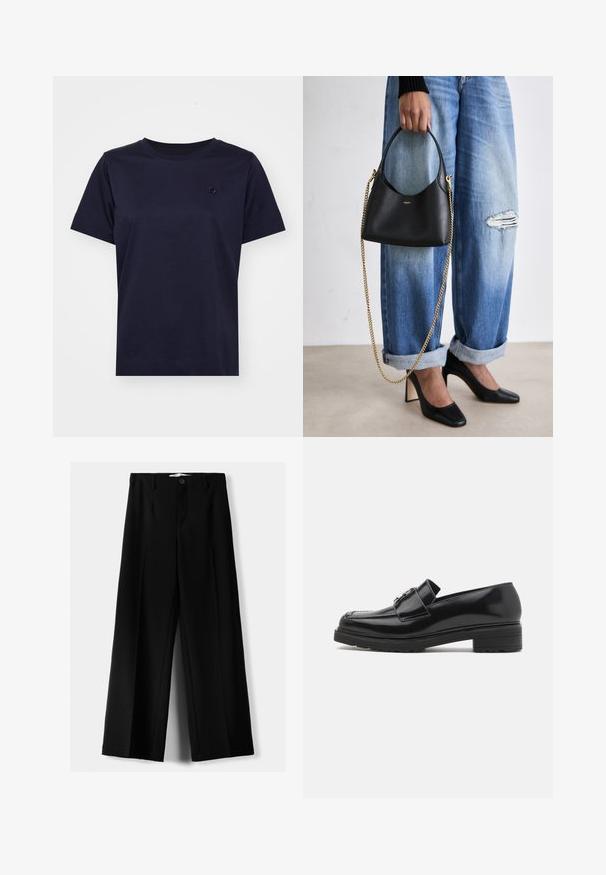 Mornarško modra bombažna majica s kratkimi rokavi, okroglo izreza in majhnim teksturiranim logotipom na prsih. Minimalističen dizajn in gladka tekstura.; Črne široke hlače iz lahkega materiala, z zapiranjem na gumb spredaj in ravnim sprednjim delom, s skrbno zašiti robovi.; Črne polirane usnjene loafers čevlje z nizko blok peto, šivanim prstom in detajlom kovinske zaponke na zgornjem delu, prikazani v stranskem profilu na beli podlagi.; Črna usnjena torba s ukrivljeno obliko, kratko ročico in zlatim verižnim trakom. Nosi se z raztrganimi modrimi kavbojkami in črnimi petkami.